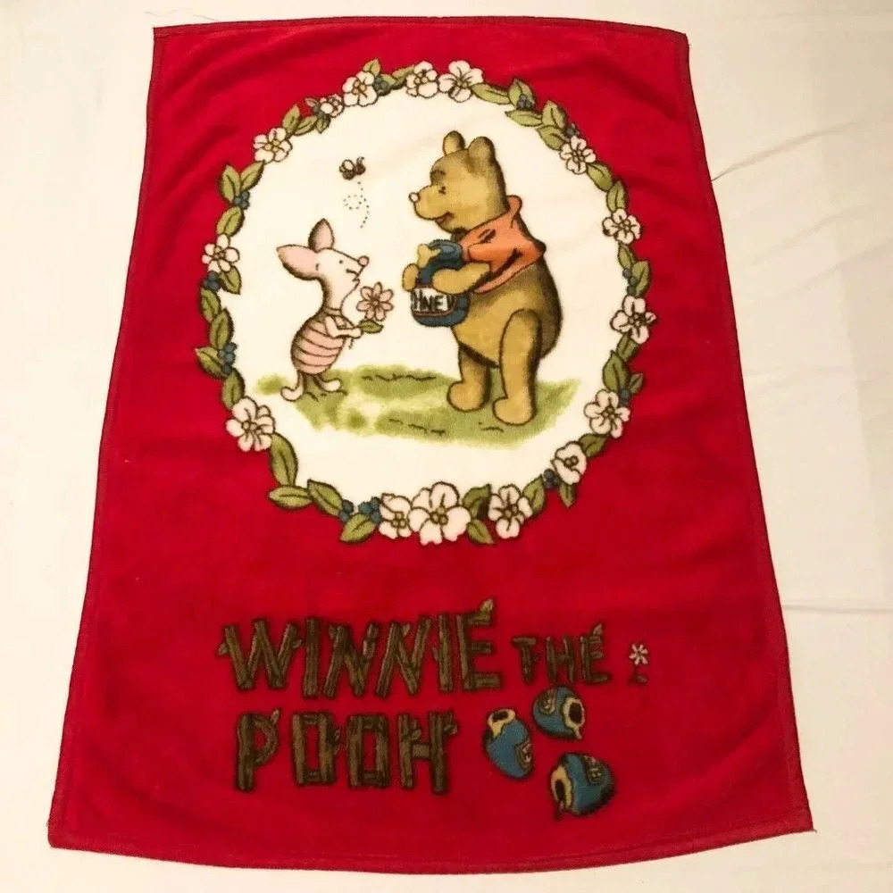 Vintage Winnie the Pooh and Piglet Red  Blanket 51.5 x 37 Inch